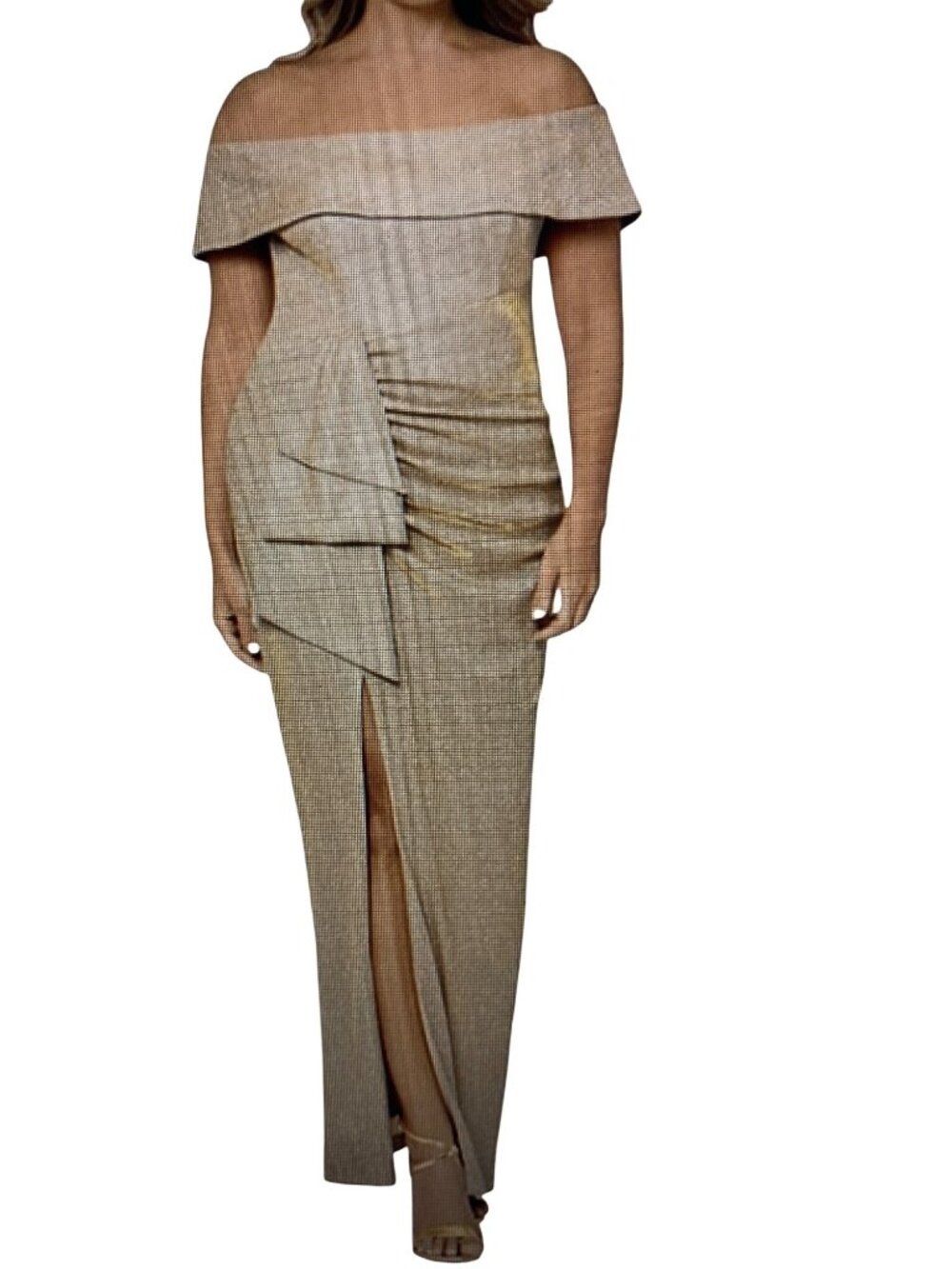 Xscape Plus Size Glitter Metallic Off-The-Shoulder Gathered Ruffle  Sheath Gown